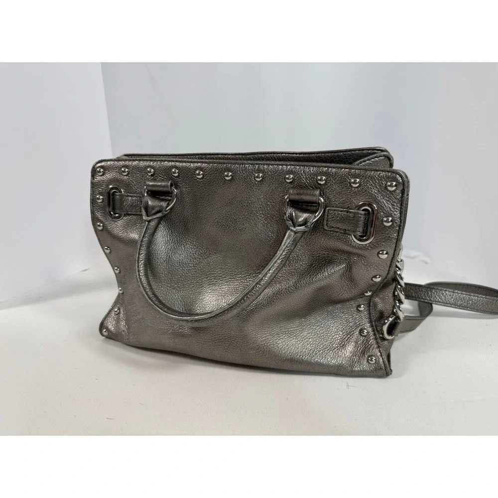 Michael Kors Hamilton Satchel Metallic Pewter Studded Leather Crossbody Bag